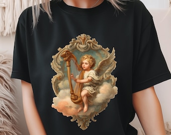 Camiseta de querubín coqueto, sudadera Angelcore, sudadera con capucha de ángel barroco, ilustración de acuarela, regalo para arpista, camiseta de música clásica