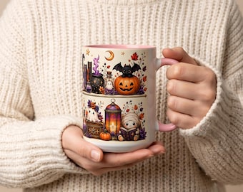Witchy Autumn Mug, Halloween Ghost Mug, Book Lover Coffee Cup, Fall Leaves Mug, Cozy Witch Gift, Spooky Bookish Mug
