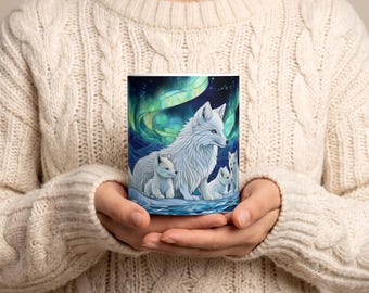 Arctic Fox Family Mug | Northern Lights Ceramic Mug