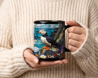 Puffin Mosaic Art Mug | Black Ceramic Coffee Cup