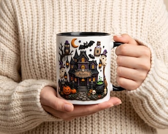 Personalized Halloween Mug, Custom Haunted House Mug, Spooky Witchy Coffee Cup, Halloween Gift for Her, Custom Name Mug, Ghost Mug