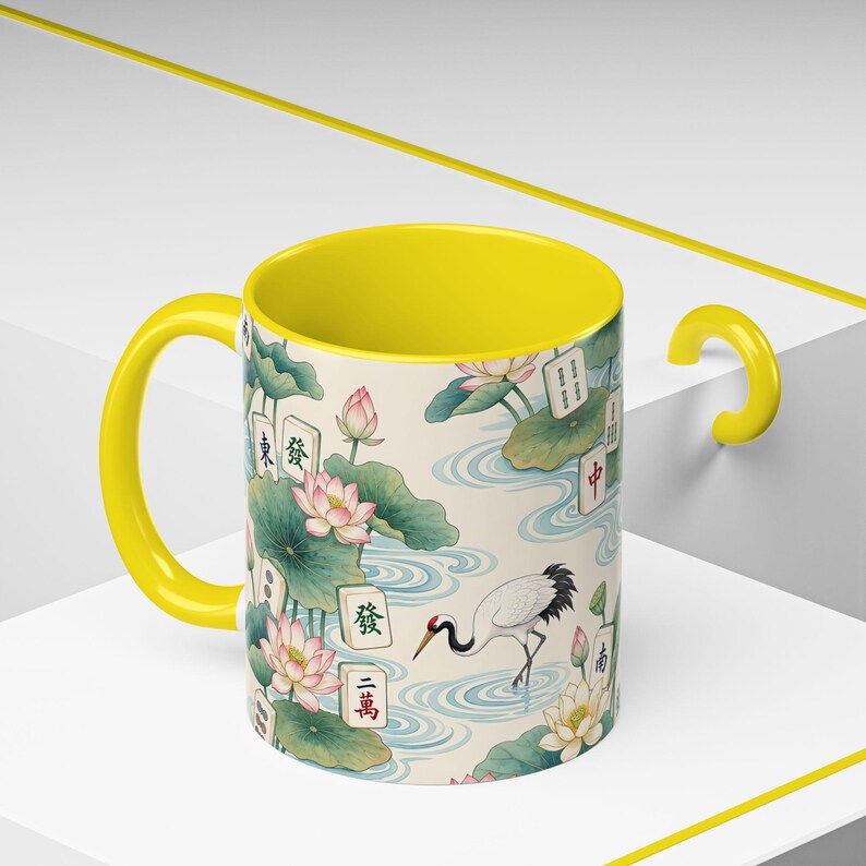 Mahjong Tiles Crane Lotus Pattern Mug | Accent Coffee Mug Yellow