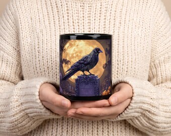 Raven on Tombstone Black Mug | Full Moon Halloween Graveyard