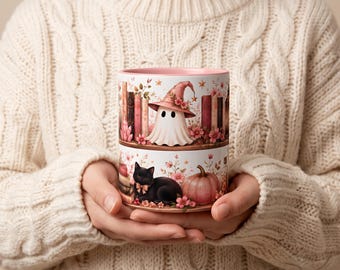 Pink Floral Ghost and Black Cat Mug | Fall Pumpkin Coffee Mug