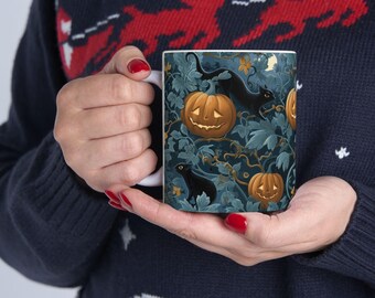 Taza de café de gato negro de Halloween, diseño de calabaza espeluznante, regalo de otoño, regalo para amantes de los gatos, taza de cerámica, regalo para ella, linda taza de Halloween