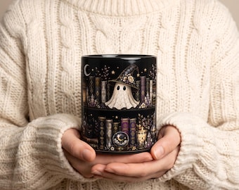 Gothic Witch Mug, Dark Academia Coffee Cup, Book Lover Gift, Spooky Ghost Mug, Black Halloween Mug, Witchy Library Mug