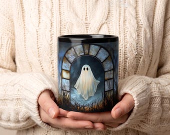 Ghost in Stone Arch black mug | Halloween spooky night coffee cup