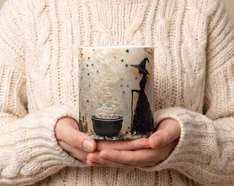 Witch with Cauldron Mug | Halloween Witch Silhouette Coffee Cup