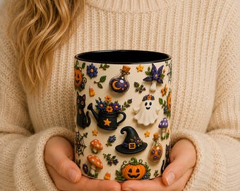 Cute Halloween Mug, Spooky 2D Coffee Cup, Ghost Pumpkin Mug, Witchy Cat Mug, Halloween Gift, Kawaii Fall Coffee Mug