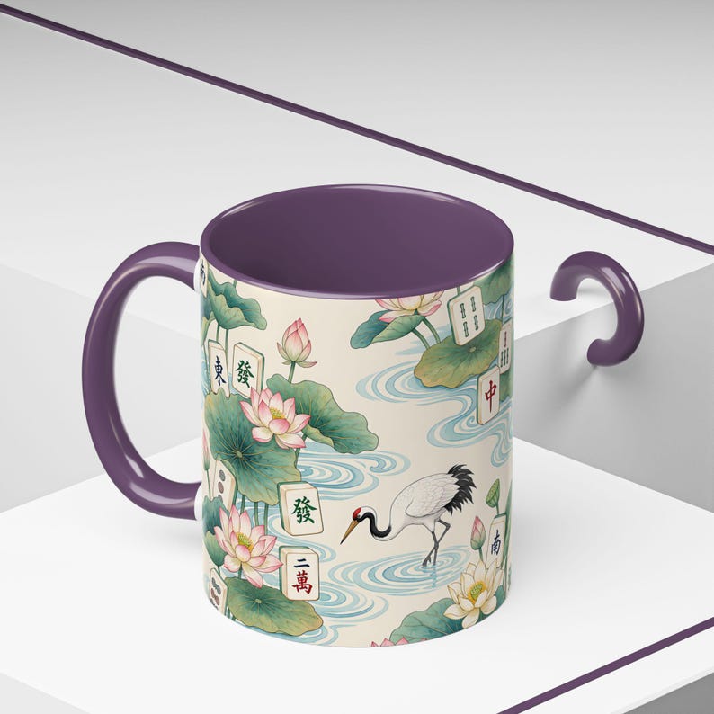 Mahjong Tiles Crane Lotus Pattern Mug | Accent Coffee Mug Purple