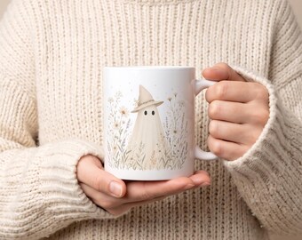 Cottagecore Ghost Mug, Witchy Flower Coffee Cup, Cozy Fall Mug, Floral Halloween Gift, Whimsical Ghost Cup