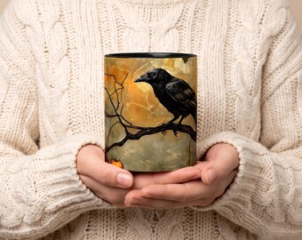 Raven on Branch Mug | Halloween Crow Pumpkin Autumn Scene Accent Coffee Mug