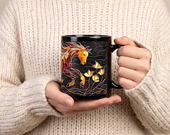 Stained Glass Fire Horse Mug | Black Ceramic Coffee Cup