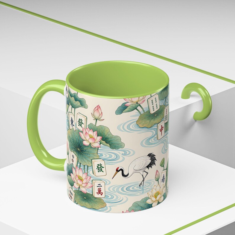 Mahjong Tiles Crane Lotus Pattern Mug | Accent Coffee Mug Light Green