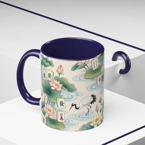 Mahjong Tiles Crane Lotus Pattern Mug | Accent Coffee Mug Navy