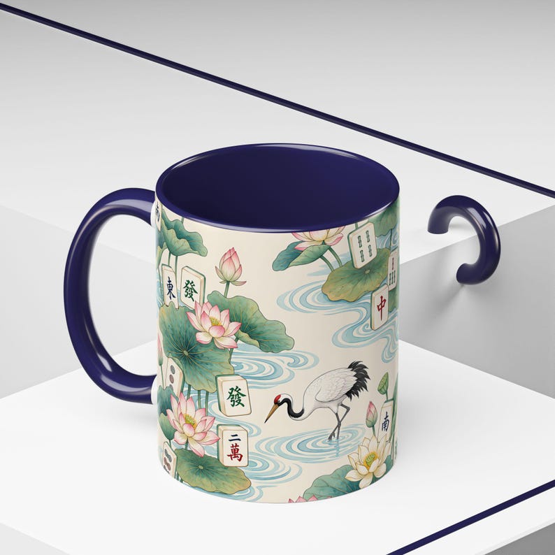 Mahjong Tiles Crane Lotus Pattern Mug | Accent Coffee Mug Navy