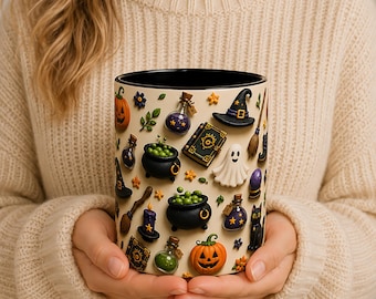 Halloween Pattern Mug | Whimsical Ghosts, Pumpkins, Witch Hats (11/15oz)