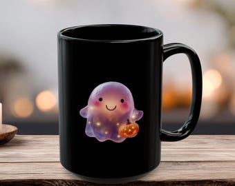 Cute Ghost Halloween Mug with Glowing Pumpkin, Spooky Season Gift, Kawaii Ceramic Tumbler, Halloween Coffee Cup, Ghost Core Aesthetic