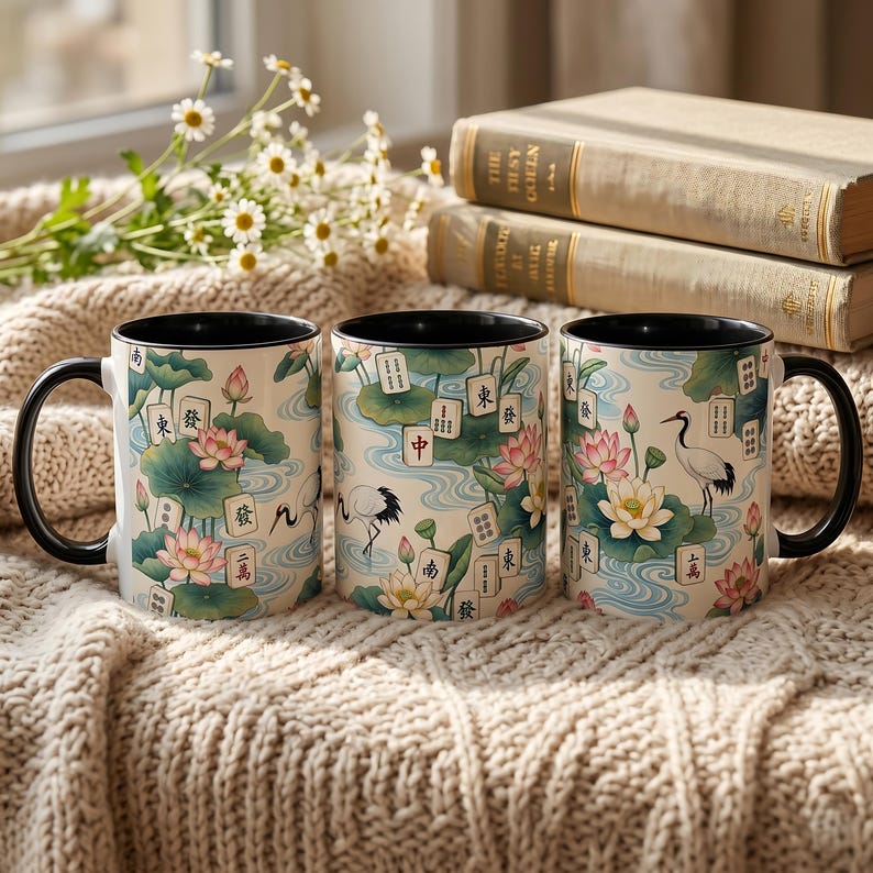 May include: Three ceramic mugs with black handles and rims, featuring a repeating pattern of lotus flowers, green lily pads, red-crowned cranes, and mahjong tiles with Chinese characters on a light background with blue swirling water motifs.