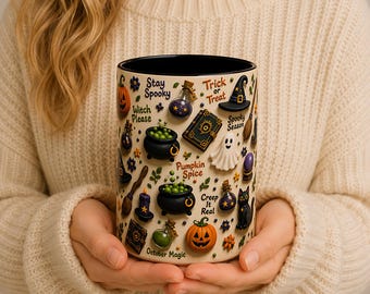 Cute Halloween Mug, Spooky Witch Coffee Cup, Pumpkin Ghost Mug, Trick or Treat Mug, Halloween Gift, Witchy Cat Mug, Fall Coffee Cup