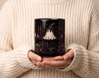 Cozy Witchy Ghost Shelf Black Mug | Halloween Potion Books Tea