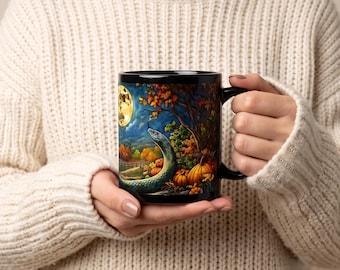 Autumn Moon Snake Mug | Black Ceramic Mug with Pumpkin Nightscape