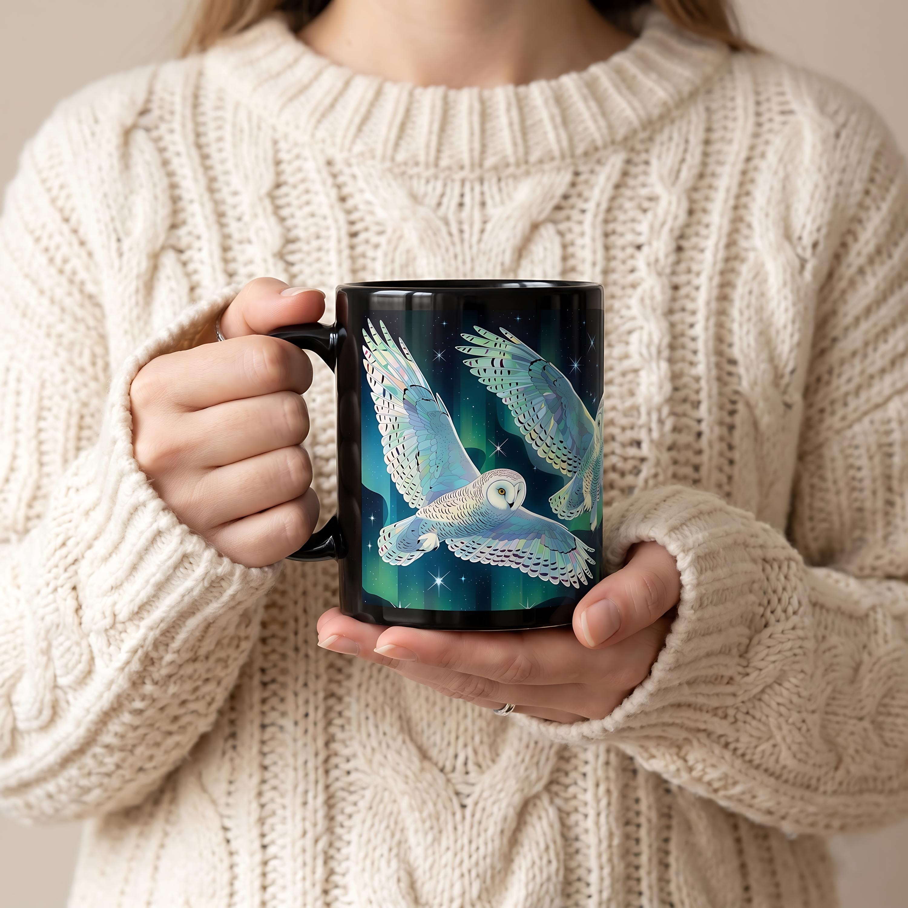 Northern Lights Barn Owls Mug | Black Ceramic Coffee Cup