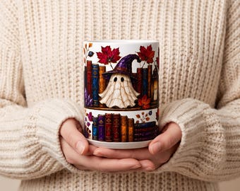 Ghost on Bookshelf Mug | Halloween witch hat, autumn leaves, vintage books
