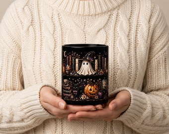 Halloween Witchy Shelves Mug | Ghost, Jack-o'-Lantern, Black Cat