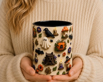 Cute Halloween Mug, Cozy Fall Coffee Cup, Woodland Halloween Mug, Ghost Owl Fox Mug, Spooky Cottagecore Gift, Autumn Coffee Mug