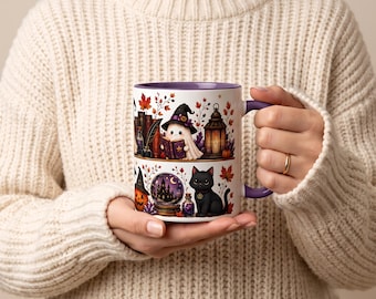 Halloween Mug, Witchy Cat Mug, Cozy Fall Mug, Book Lover Gift, Spooky Mug, Black Cat Mug, Halloween Gift, Autumn Coffee Cup