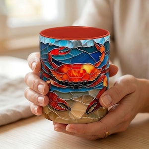 May include: A ceramic mug with a stained-glass design featuring a vibrant orange crab against a blue and tan background. The mug has a red interior and is held by a person.