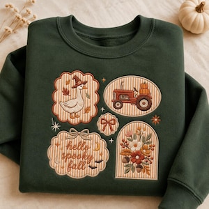 Embroidered Fall Sweatshirt, Autumn Applique Crewneck with Witch Goose, Pumpkin Tractor and Floral Fabric Panels