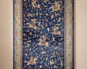 Handmade Persian Hunting Scene Wool Rug - Middle Eastern Tapestry Wall Art