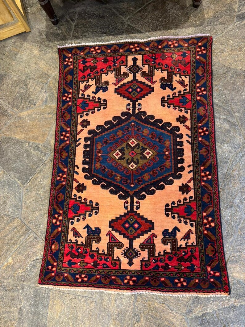 May include: Rectangular rug with a central geometric design in shades of blue, red, and brown on a peach background. The rug has a detailed border with repeating patterns and a fringed edge. The rug's design is symmetrical and traditional.