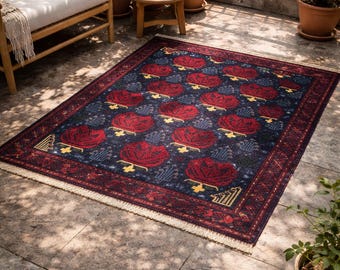 Handmade Vintage Tribal Rug 3x5 ft | BaluchiWool Rug  Boho Area Rug | Red Blue Geometric Carpet | Ethnic Persian Style Rug  Small Accent Rug