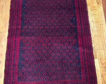 3x5 ft Baluchi Handmade Rug, Red & Black Tribal Wool Rug, Vintage Boho Area Rug, Oriental Kilim Style Carpet, Small Living Room Bedroom Rug