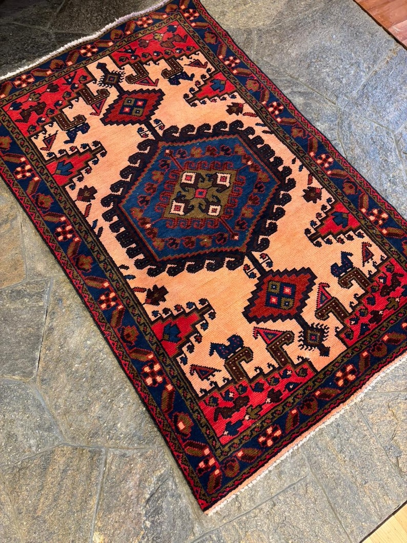 May include: Rectangular rug with a central medallion in shades of blue, brown, and green, set against a peach-colored field. The rug features a border of navy blue and red, with intricate geometric patterns. The rug is likely made of wool.