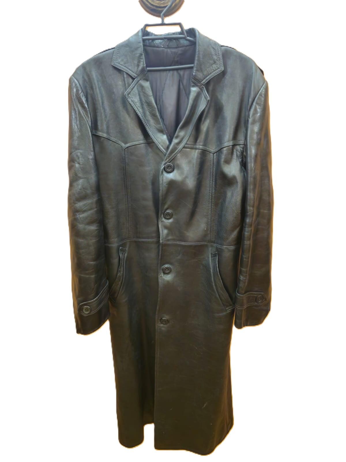 Vintage Black Leather Trench Coat 1970s, Authentic Soviet Officer