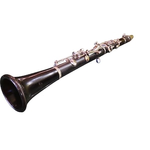 May include: A dark brown woodwind clarinet featuring a polished finish, a flared bell at the base, and a series of silver-colored metal keys and rods running along the length of the cylindrical body, ending with a mouthpiece at the top.