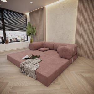 Modular Pink Floor Sofa is made with premium foam and velvet fabric that ensure both durability and comfort. Also our washable zippered cover is just what you need! The modular design allows you to configure the pieces in any shape or size. It doubles as both a mattress and a sofa, offering a multi-functional solution for your space. Dimension 78x39x14 in. Teddy Sofa, Sectional Sofa