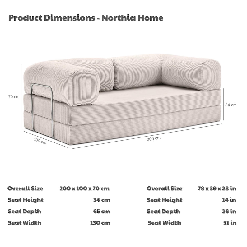 Puede incluir: Sof&aacute; de pana beige con dimensiones de 200 x 100 x 70 cm. El sof&aacute; tiene un dise&ntilde;o modular con reposabrazos redondeados y una estructura met&aacute;lica. La imagen incluye las dimensiones del producto y el texto "Product Dimensions - Northia Home."