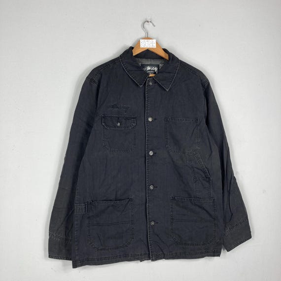 Vintage STUSSY GEAR Black Denim Chore Jacket Button up Stussy