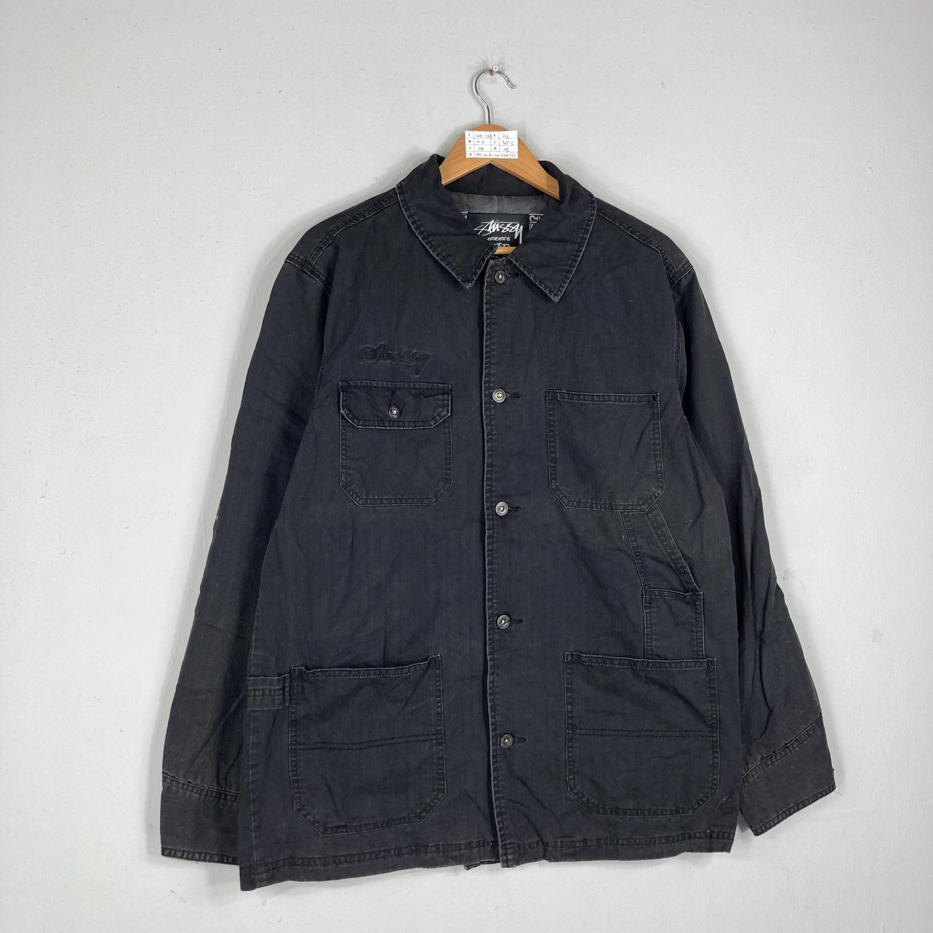 Vintage STUSSY GEAR Black Denim Chore Jacket Button up Stussy