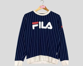 ヴィンテージ FILA 縦ストライプ クルーネック スウェットシャツ ビッグロゴ FILA ジャンパー プルオーバー FILA ユニセックス セーター FILA ジャンパー プルオーバー カジュアル アウトフィット
