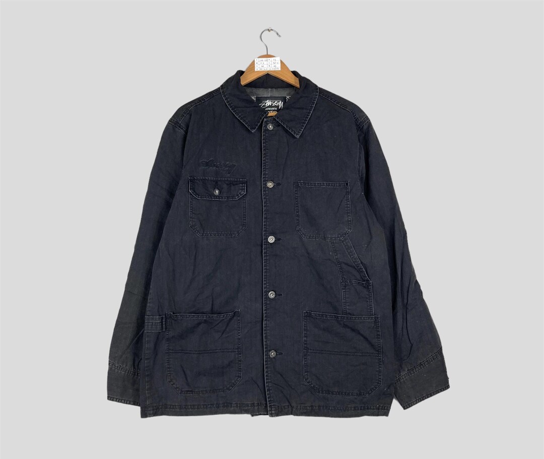 Vintage STUSSY GEAR Black Denim Chore Jacket Button up Stussy