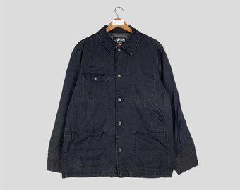 Vintage STUSSY GEAR Black Denim Chore Jacket Button up Stussy