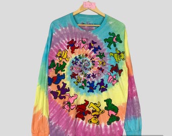 Camiseta vintage de manga larga con efecto tie-dye de Grateful Dead de los 90. Camiseta de banda de rock de Grateful Dead de Liquid Blue, talla grande.