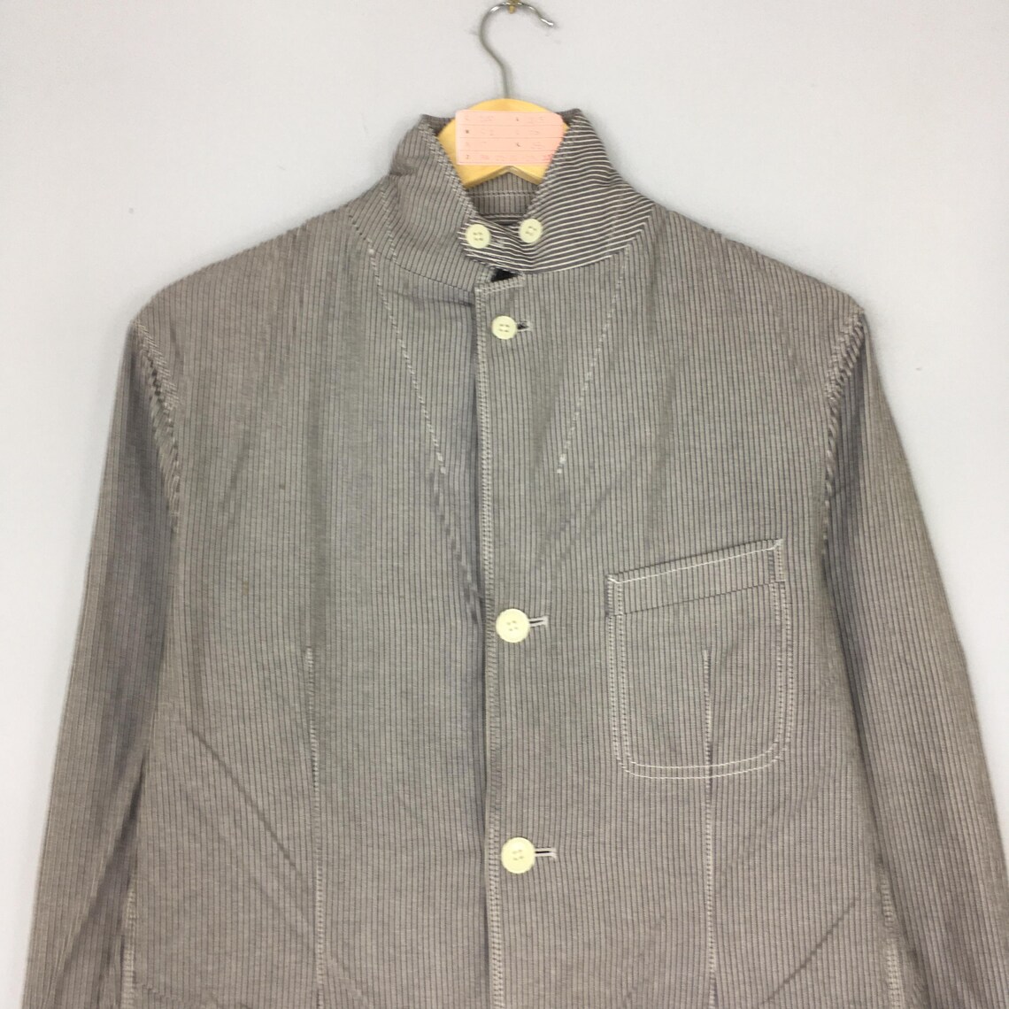 Vintage Grey Striped Hickory Denim Chore Jacket Vintage WaBash Grey Workwear Jean Jacket Grey FrenchWork Workers Full Button Unisex Medium, foto 3 di 5