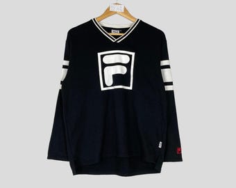 Vintage 00s FILA Box Logo V-Neck Sweatshirt Big Image Fila Unisex Jumper Pullover Vintage Fila Sweater Large Size
